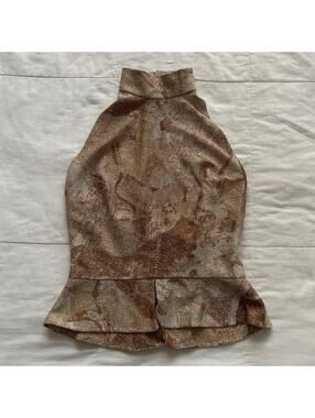 Y2K Bronze Shimmer Halter Top Metallic Floral Print Peplum Party Top